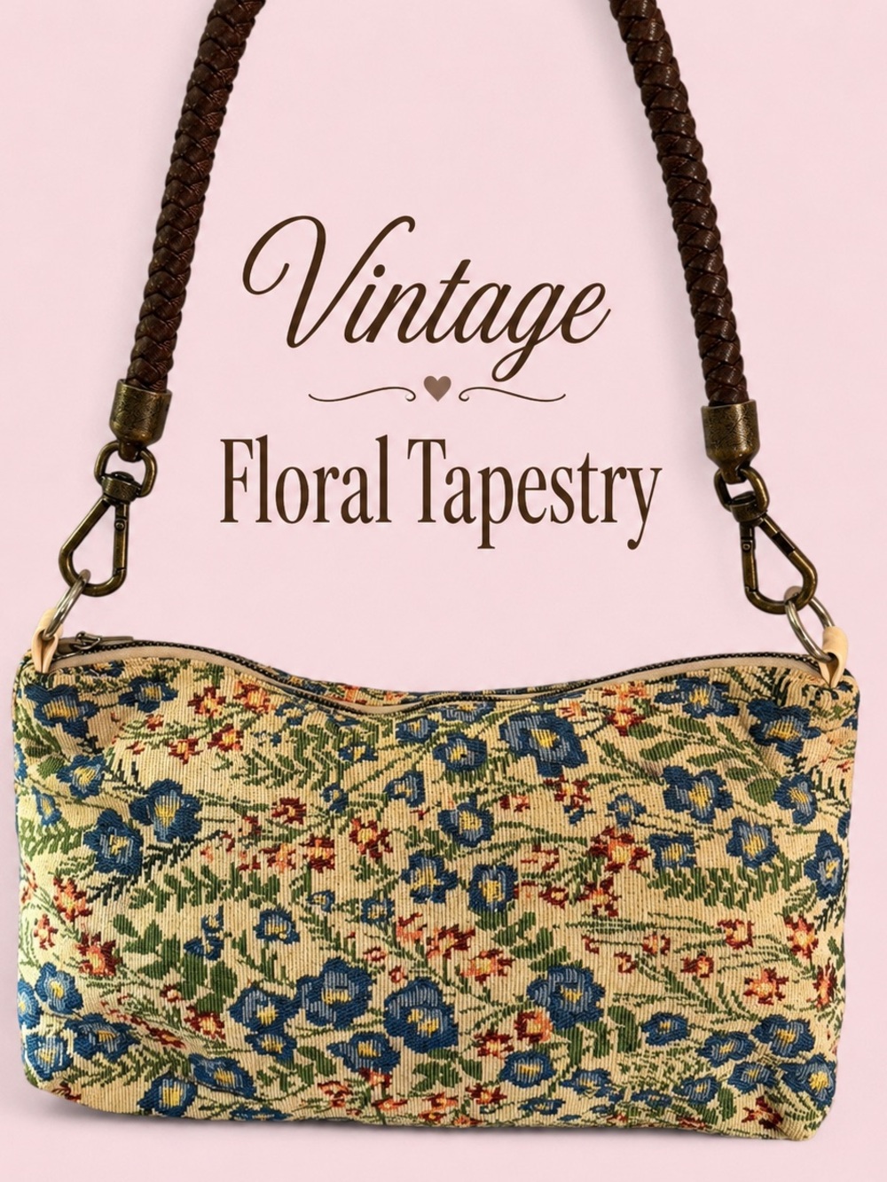 Vintage Floral Tapestry Shoulder Bag w/Braided Strap & Matching BONUS Zip Pouch